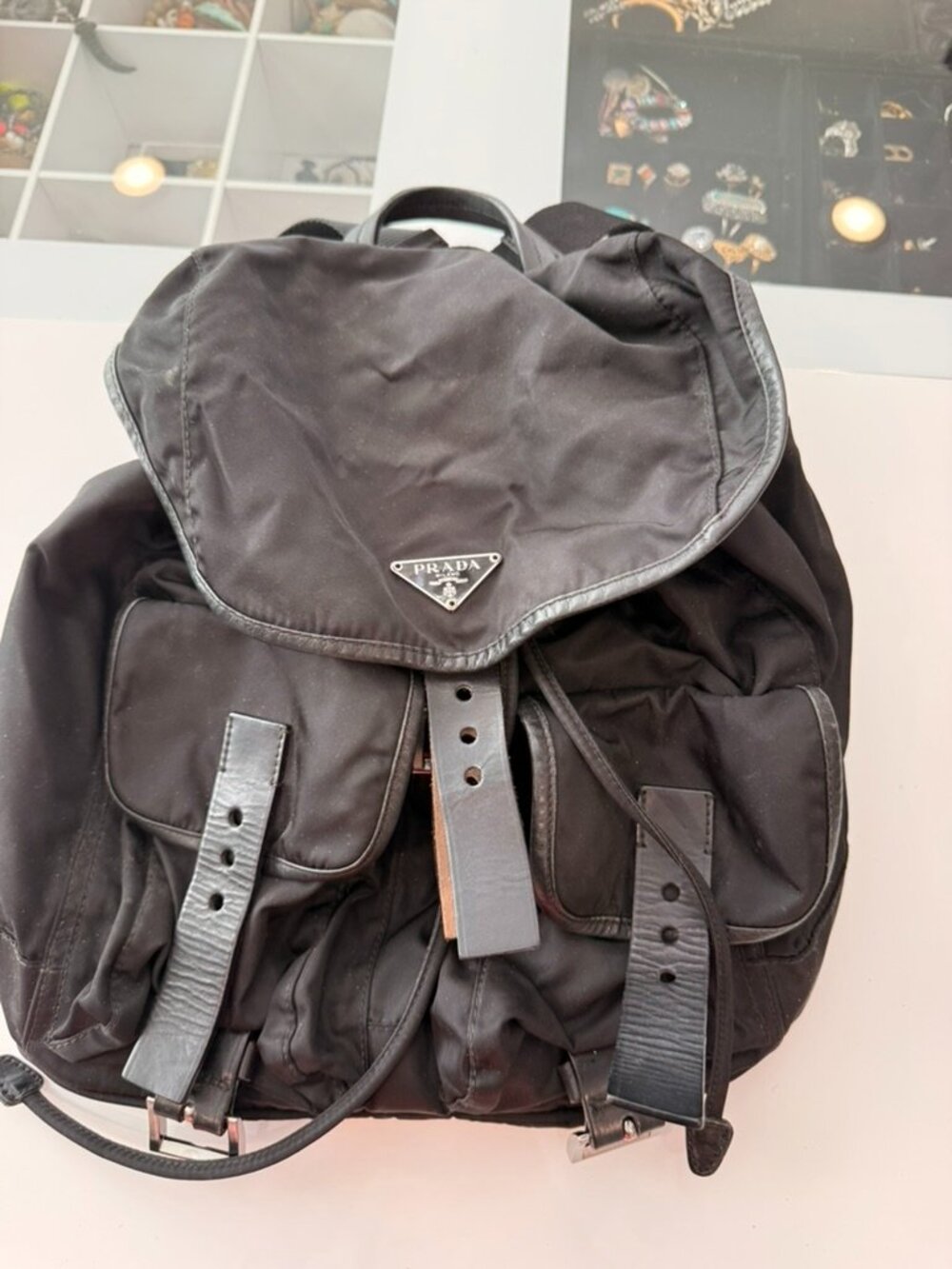 Vintage Prada Tessuto Nylon Backpack Black Triangle Logo 90s Made in Italy